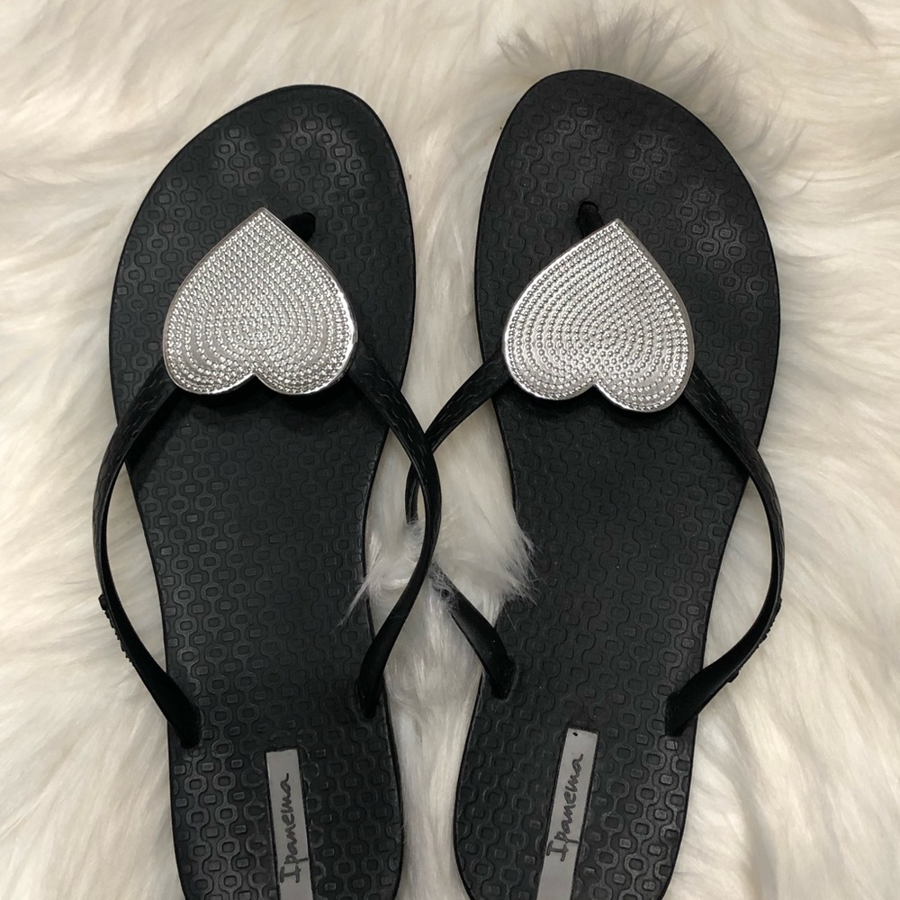 Ipanema Black Sandals with Silver Heart Embellishment